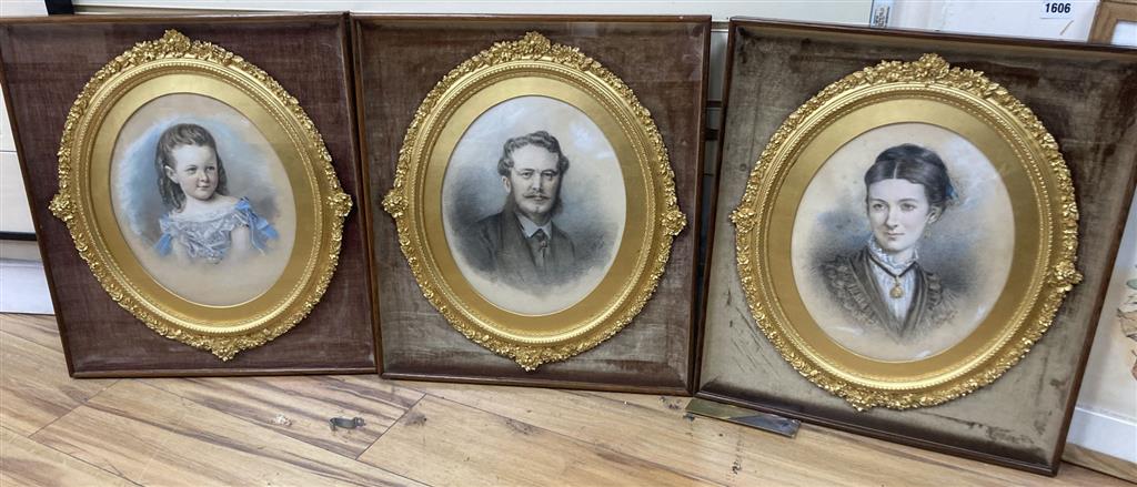 Three Victorian chalk portraits in gilt frames, with rosewood outer frames, signed, dated 1869/70